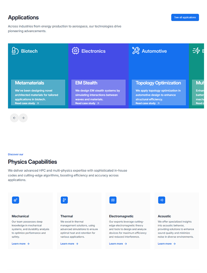 We highlighted Avkalan’s cutting-edge work across AI-native simulation tools, advanced material modeling, and computational design. Interactive layouts and purposeful hierarchy were used to communicate their core innovations without overwhelming the user.