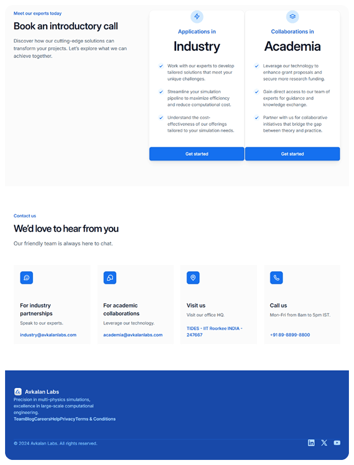 We highlighted Avkalan’s cutting-edge work across AI-native simulation tools, advanced material modeling, and computational design. Interactive layouts and purposeful hierarchy were used to communicate their core innovations without overwhelming the user.
