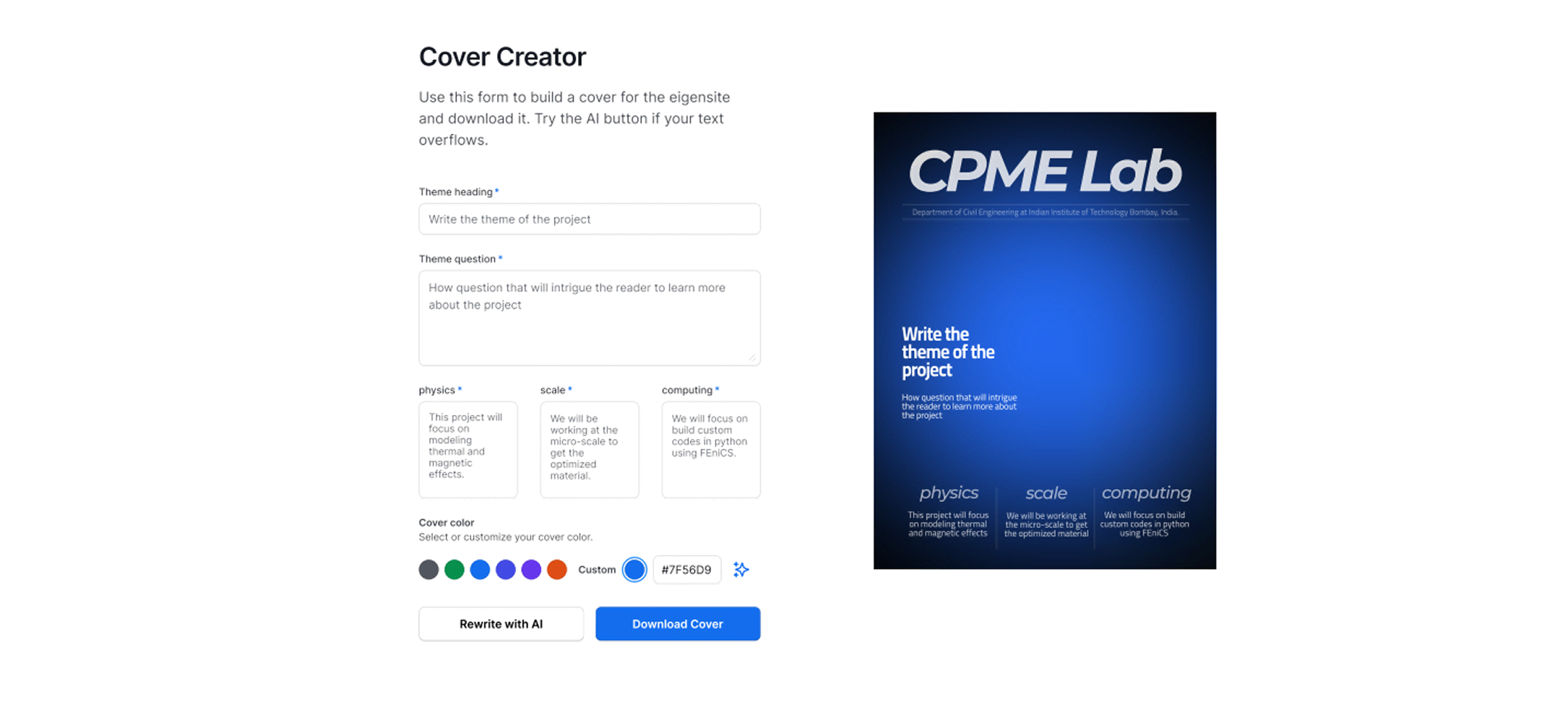 Cover Creator is a web-based tool on the eigensite platform that helps researchers transform their core themes and concepts into clean, structured cover visuals. Users input key ideas, which are auto-arranged into a poster-style layout-designed to boost clarity and visibility for academic profiles.