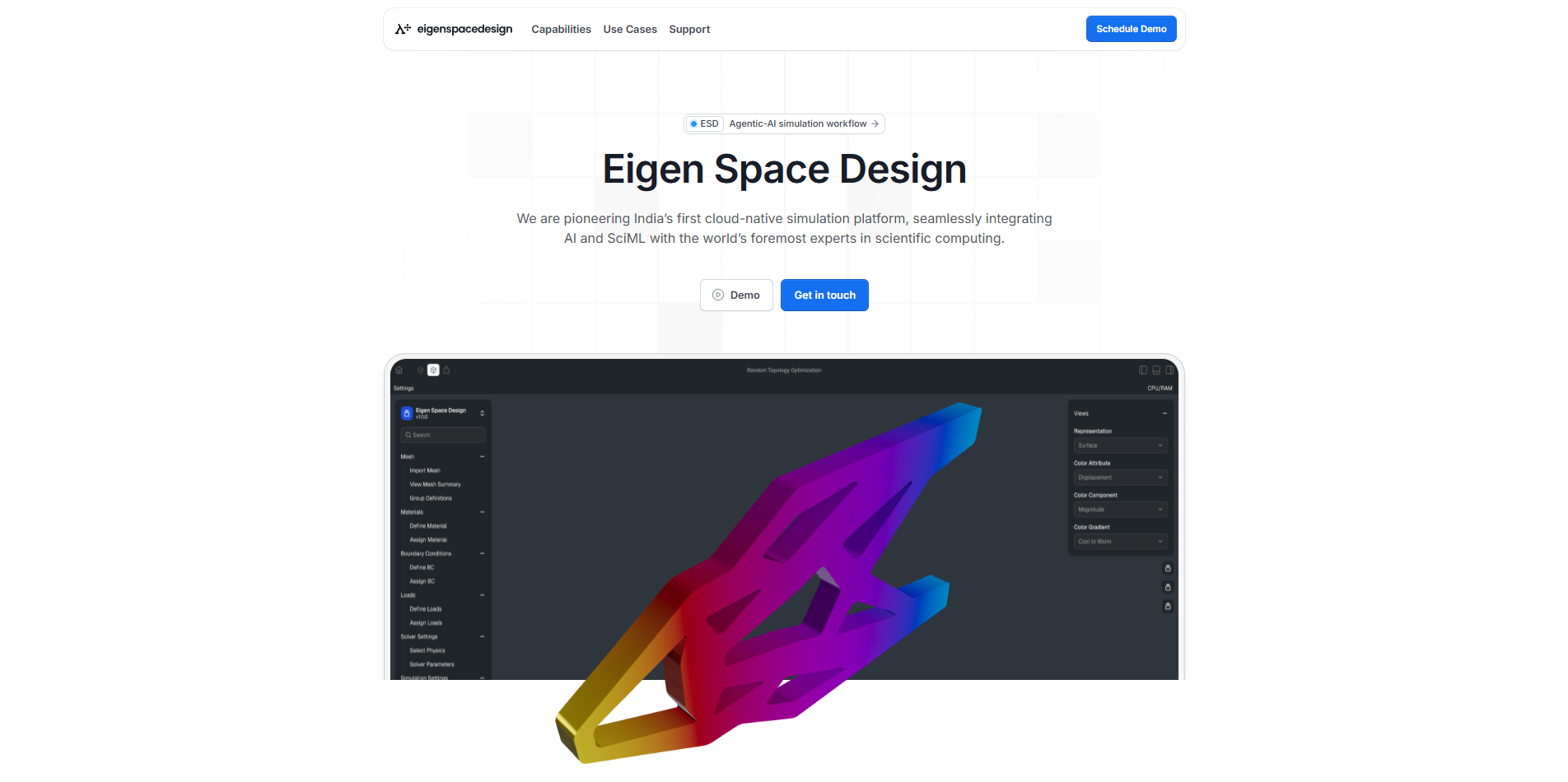 Eigen Space Design is a cloud-native simulation platform that integrates artificial intelligence with scientific computing. The platform enables engineers and researchers to build, run, and analyze complex simulations through an interactive and scalable environment.