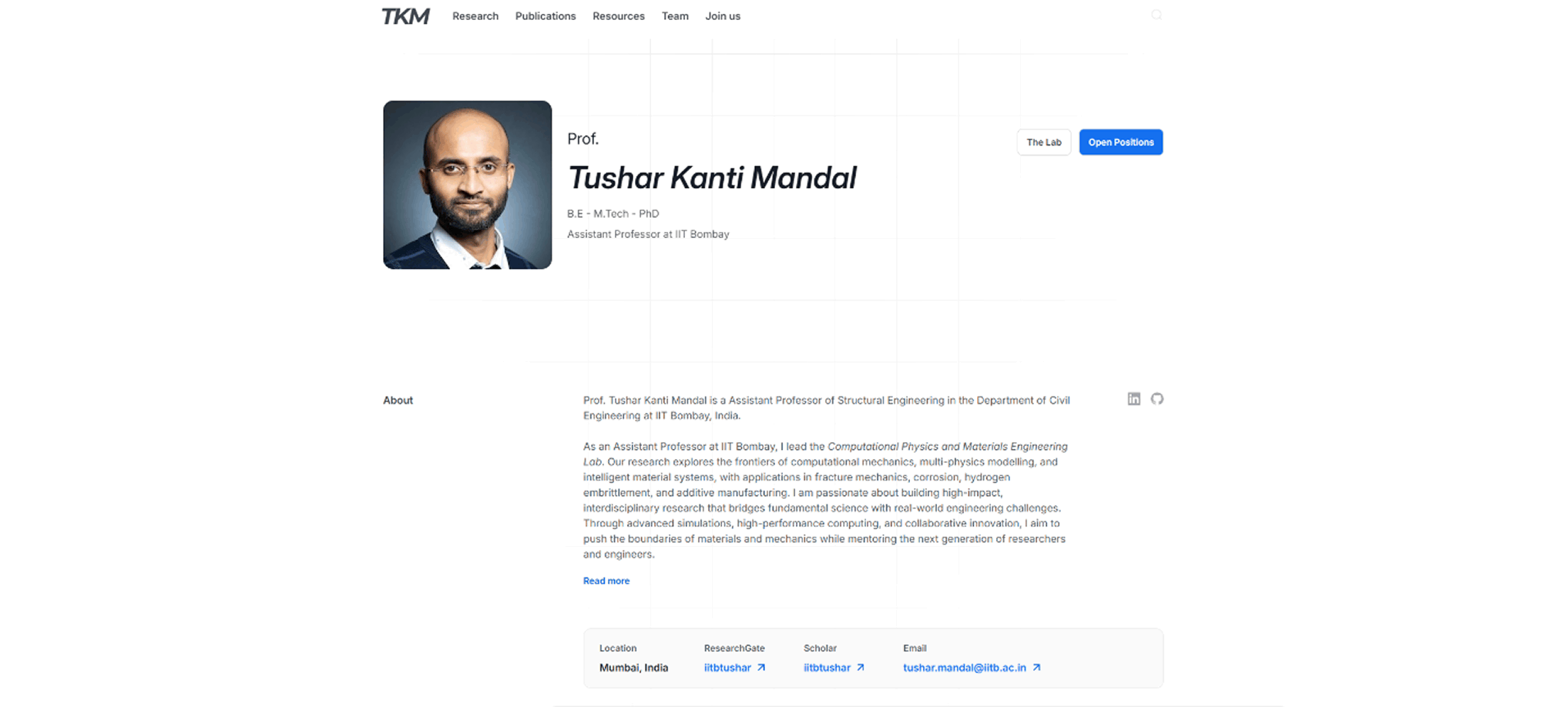 Minimal and seamless academic portfolio website for Prof. Tushar Kanti Mandal to effectively present his research,projects, publications, and academic contributions. The site allows researchers, collaborators, and institutions to explore his work with ease. Emphasis was placed on clarity, readability, and mobile responsiveness to suit both academia and industry.